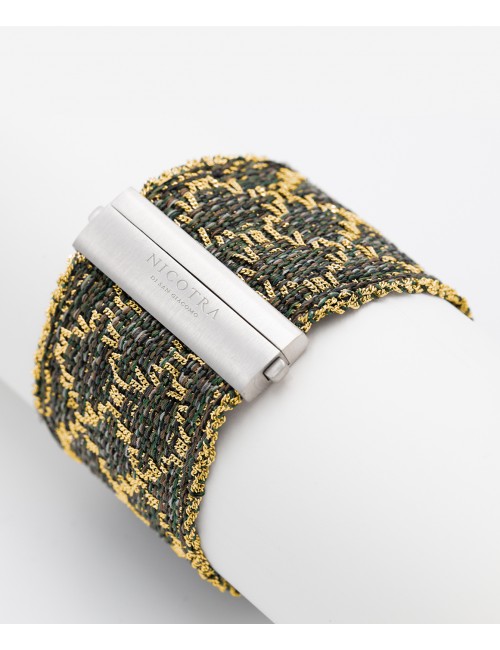 RHOMBUS Bracelet in Sterling Silver 18Kt. Gold plated. Fabric: Silk Military