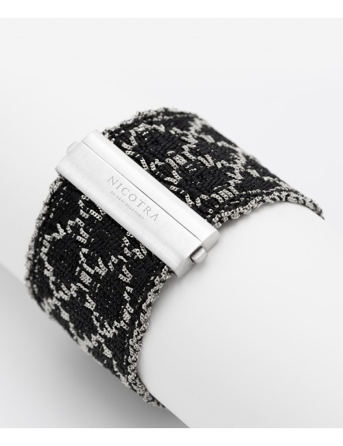 RHOMBUS Bracelet in Sterling Silver Rhodium plated. Fabric: Silk Black