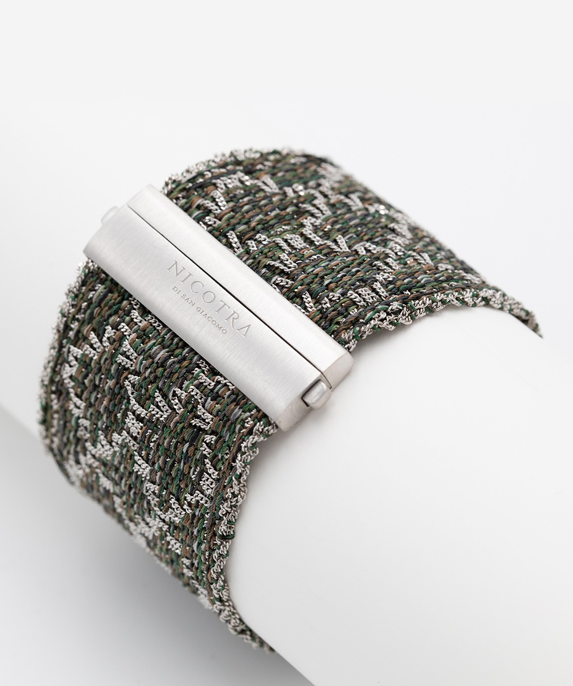 RHOMBUS Bracelet in Sterling Silver Rhodium plated. Fabric: Silk Military