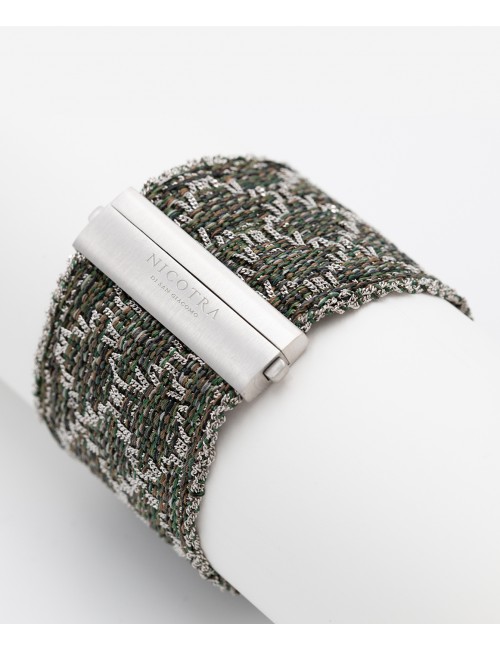 RHOMBUS Bracelet in Sterling Silver Rhodium plated. Fabric: Silk Military
