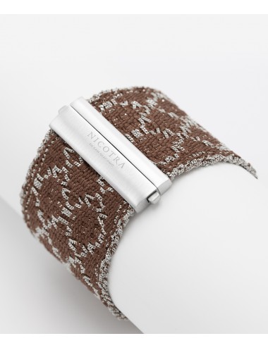 RHOMBUS Bracelet in Sterling Silver Rhodium plated. Fabric: Silk Brown