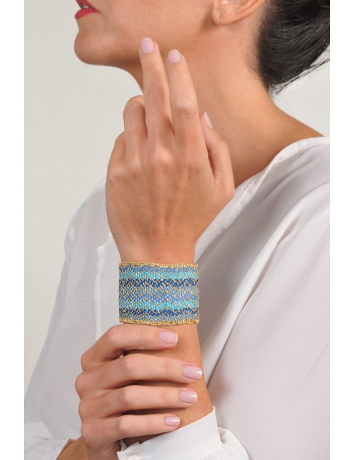ZIG ZAG Bracelet in Sterling Silver 18Kt. Gold plated. Fabric: Silk Shades of Blue