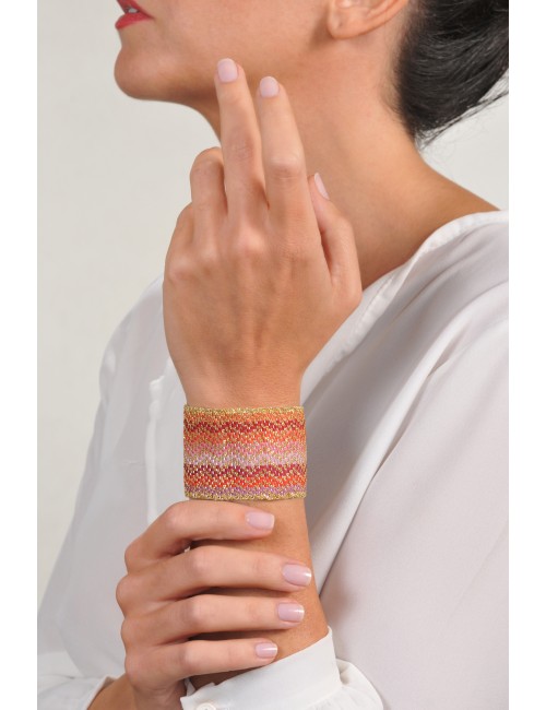 ZIG ZAG Bracelet in Sterling Silver 18Kt. Gold plated. Fabric: Silk Shades of Red