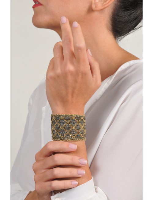RHOMBUS Bracelet in Sterling Silver 18Kt. Gold plated. Fabric: Silk Military