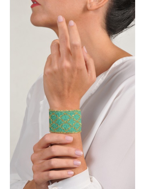 RHOMBUS Bracelet in Sterling Silver 18Kt. Gold plated. Fabric: Silk Emerald