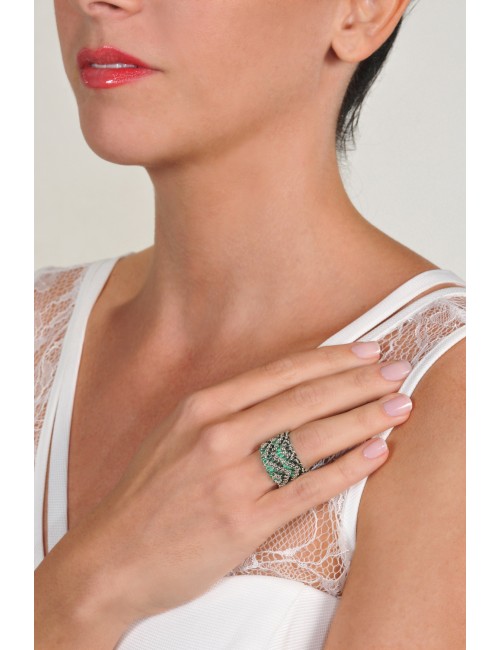 ZIG ZAG Ring in Sterling Silver rhodium plated 14Kt. Fabric: Silk Shades of Green