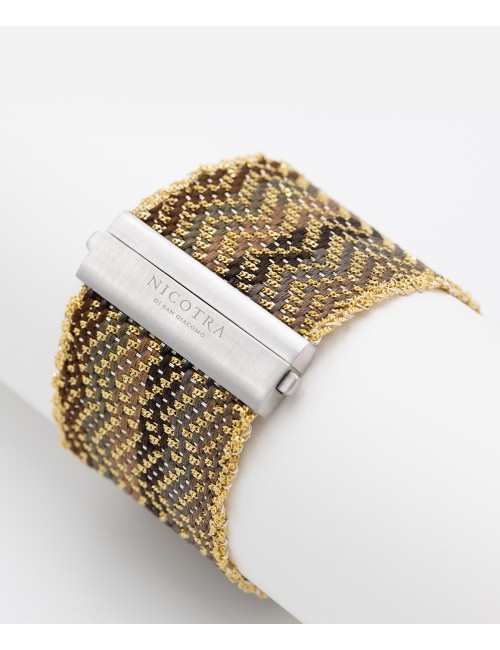 ZIG ZAG Bracelet in Sterling Silver 18Kt. Gold plated. Fabric: Silk Shades of Brown