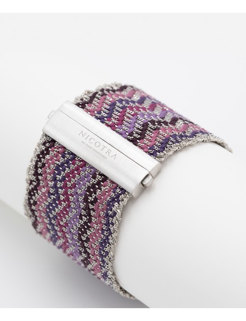 ZIG ZAG Bracelet in Sterling Silver Rhodium plated. Fabric: Silk Shades of Purple